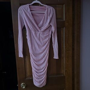 Elegant Pink Long Sleeve Sheer Sleeve Dress